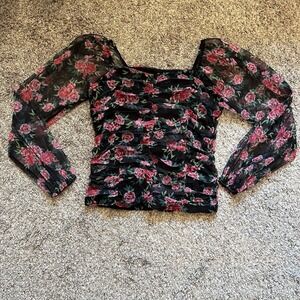 Art Class Juniors Dark Floral Mesh Whimsigoth Top Size XL (14/16) Fairy Grunge
